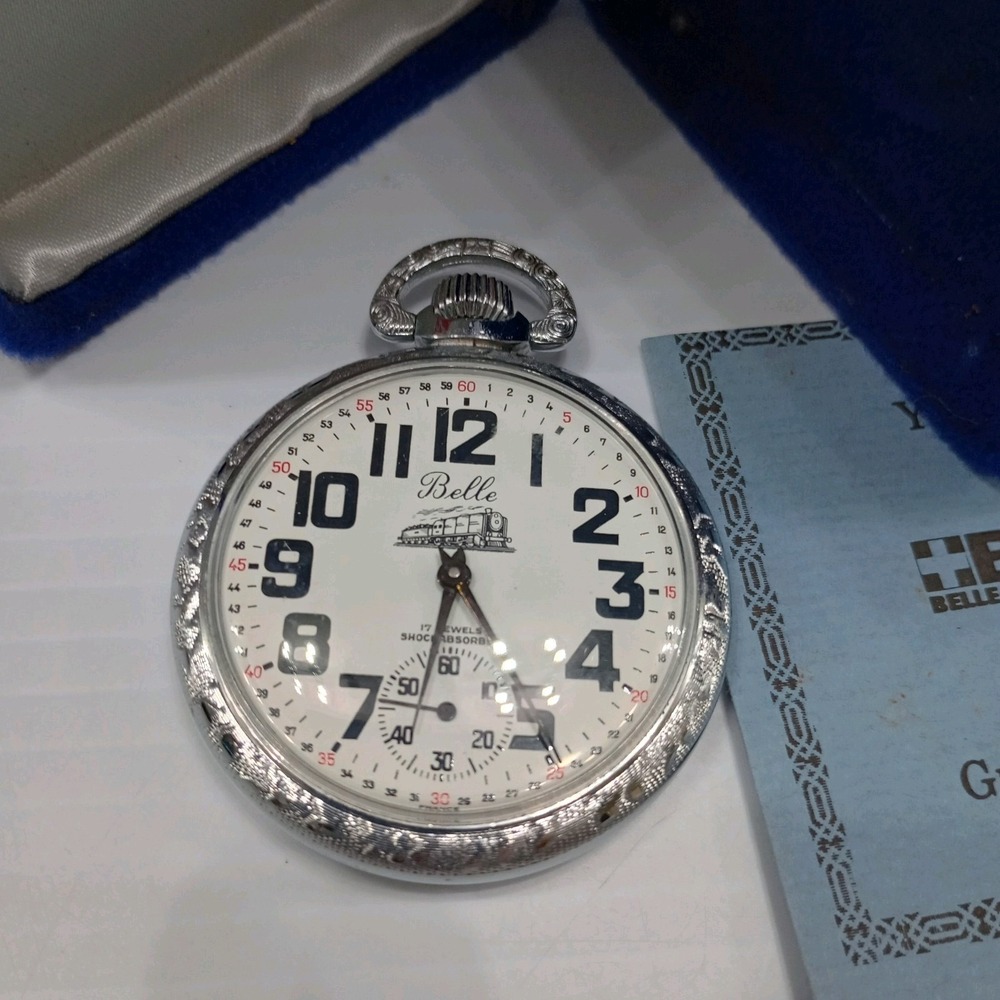 Belle-Suisse‎ Pocket Watch 17 Jewels Shock Absorber "Belle" Train Motif Vtg Box - Picture 3 of 16